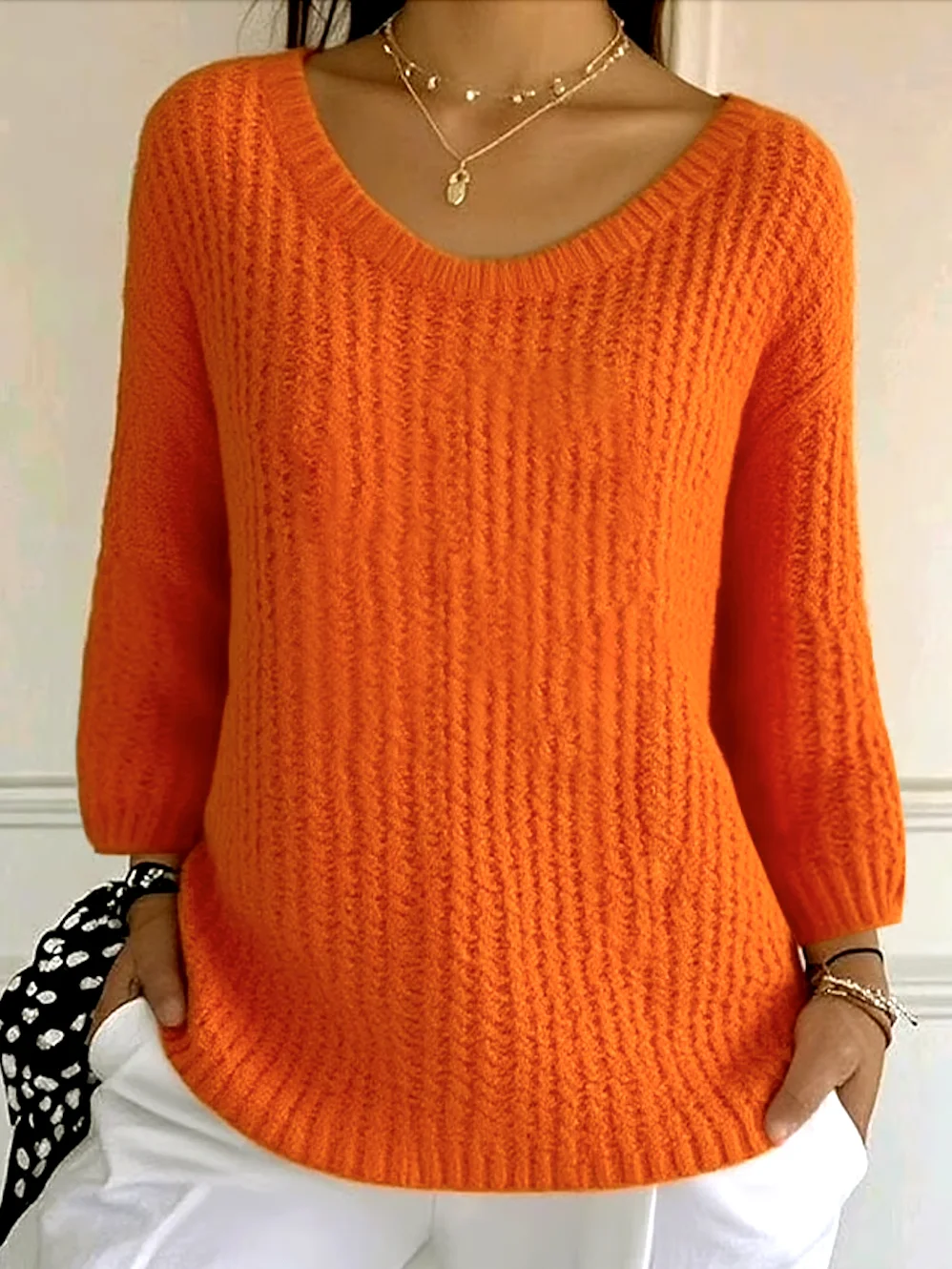 Damen Baumwolle Unifarben Langarm Bequem Lässig Pullover