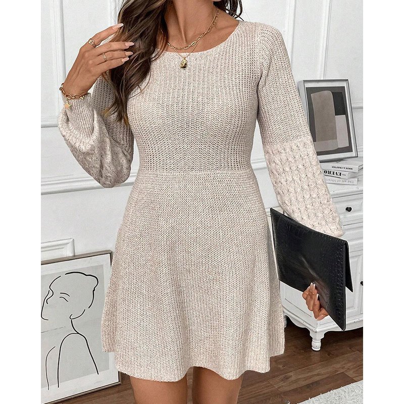 Damen Unifarben Frühling/Herbst Kleid Rundhals Langarm A-Linien-Kleid