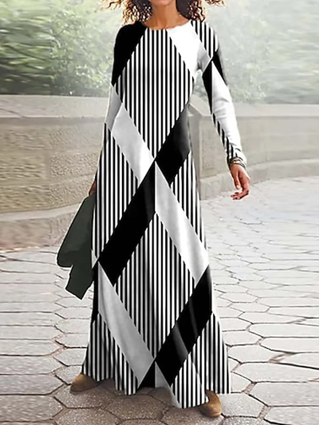 Damen Gestreift Frühling/Herbst Kleid Rundhals Langarm A-Linien-Kleid