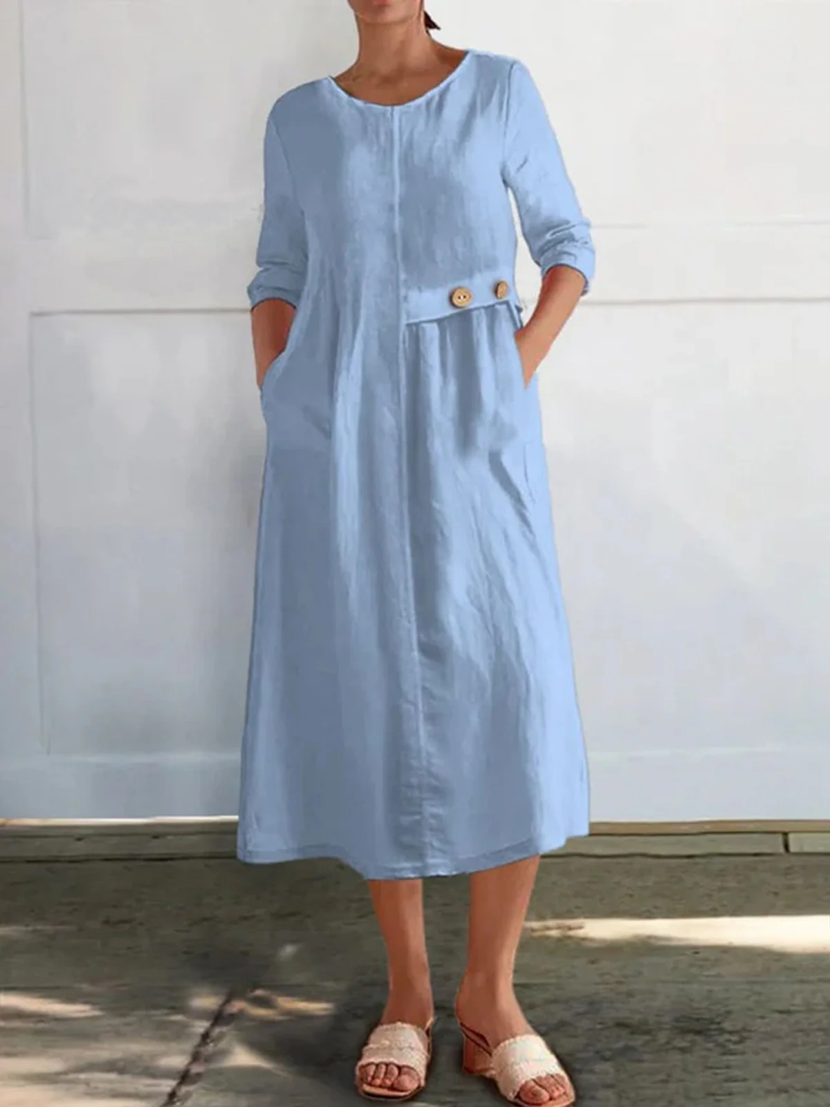 Damen Unifarben Frühling/Herbst Geknöpft Kleid Rundhals Langarm A-Linien-Kleid