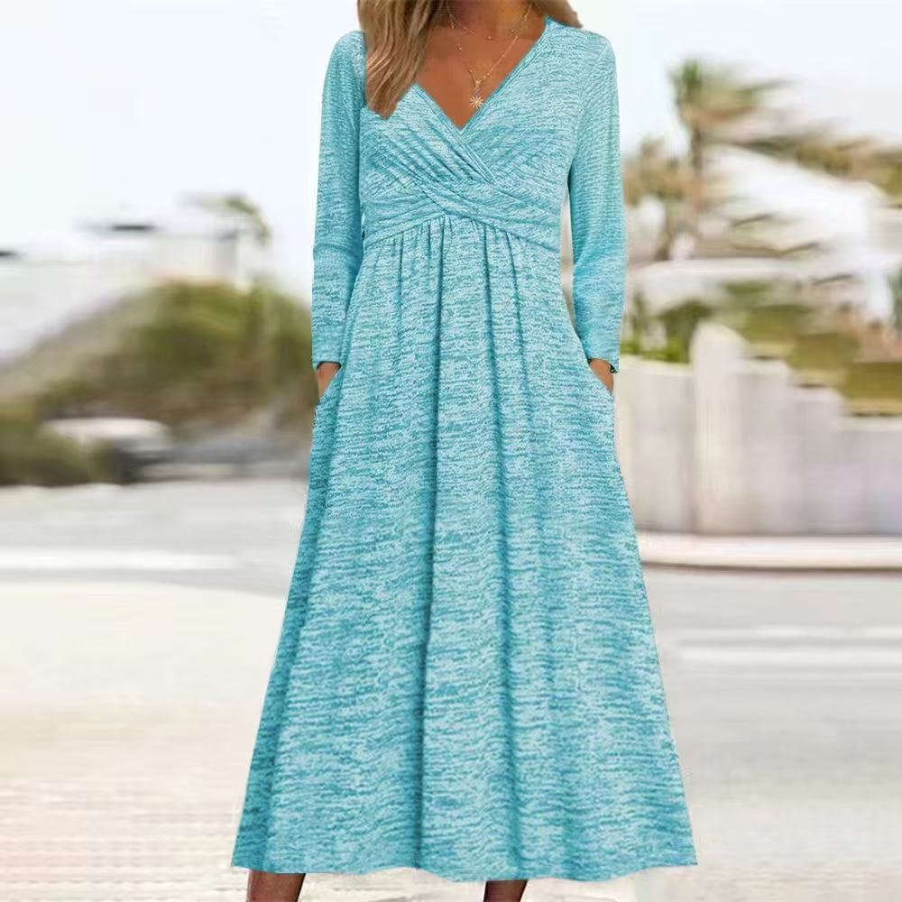 Damen Unifarben Frühling/Herbst Kleid V-Ausschnitt Langarm A-Linien-Kleid