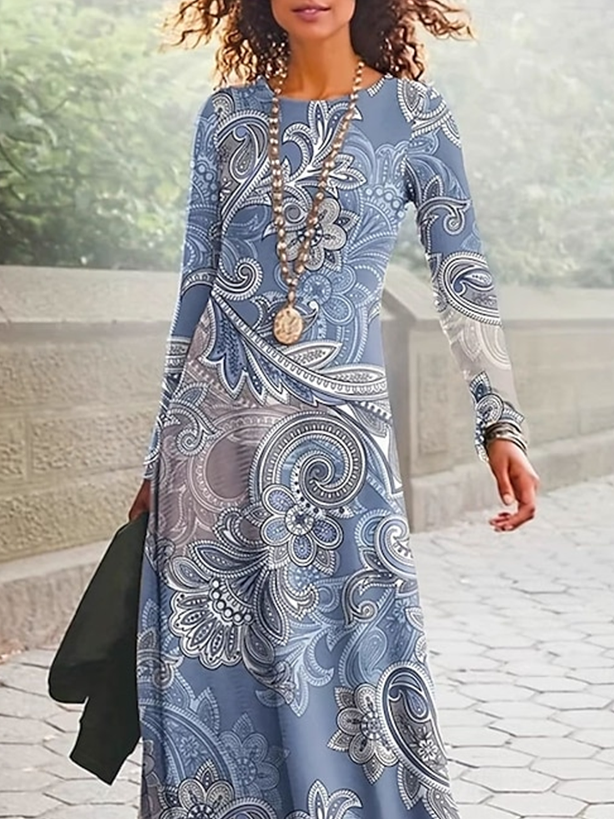 Damen Geblümt Frühling/Herbst Kleid Rundhals Langarm A-Linien-Kleid