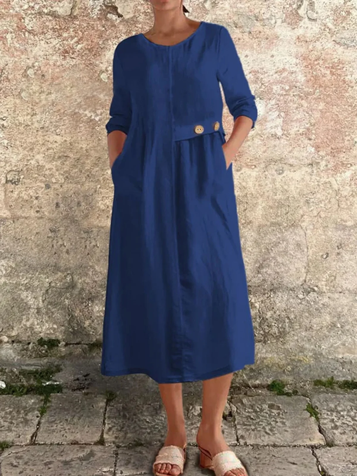 Damen Unifarben Frühling/Herbst Geknöpft Kleid Rundhals Langarm A-Linien-Kleid