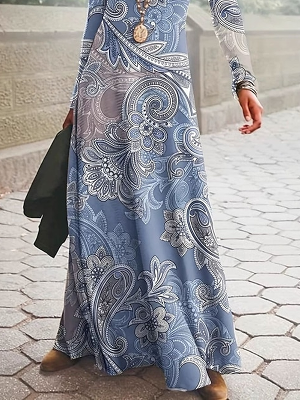 Damen Geblümt Frühling/Herbst Kleid Rundhals Langarm A-Linien-Kleid