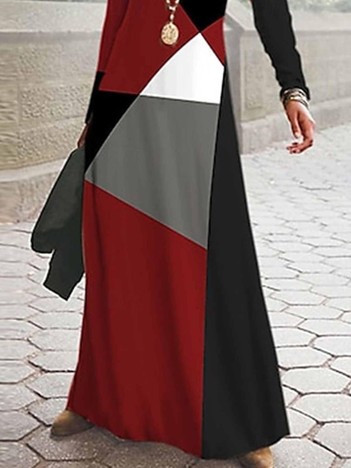 Damen Geometrisch Frühling/Herbst Kleid Rundhals Langarm A-Linien-Kleid