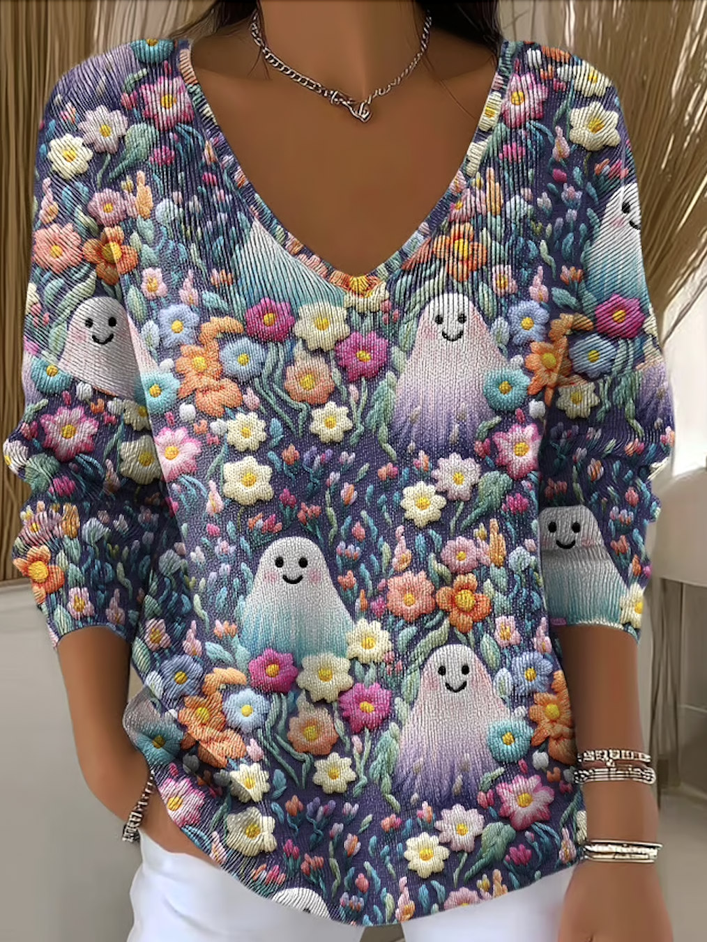 Damen Baumwolle Geblümt Langarm Bequem Lässig Pullover