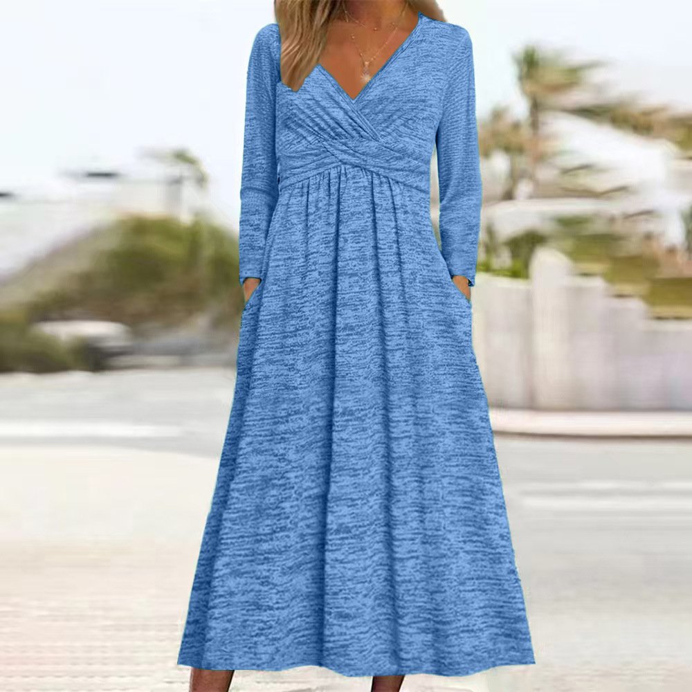 Damen Unifarben Frühling/Herbst Kleid V-Ausschnitt Langarm A-Linien-Kleid