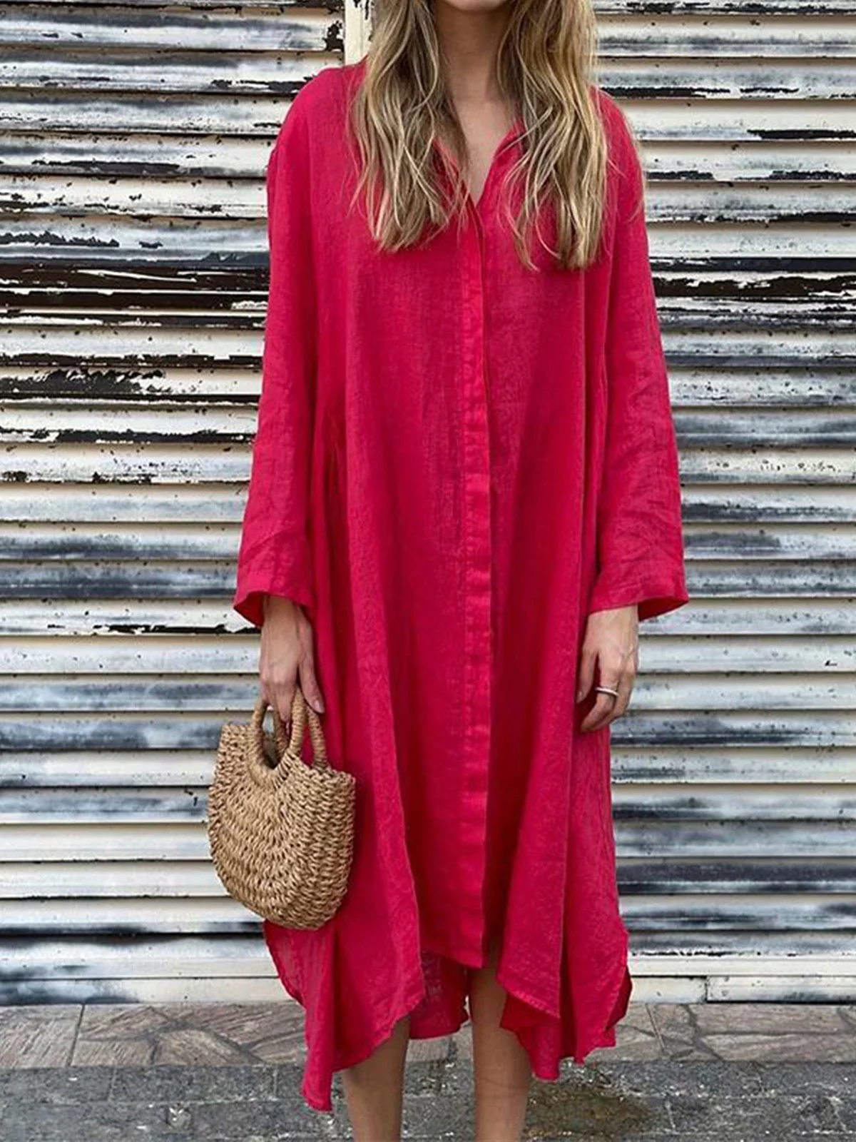 Damen Unifarben Frühling/Herbst Kleid Hemdkragen Langarm Blusenkleid A-Linien-Kleid