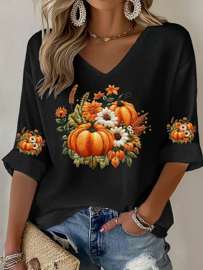Retro Halloween (Kürbis) V-Ausschnitt Dreiviertelärmel T-Shirt