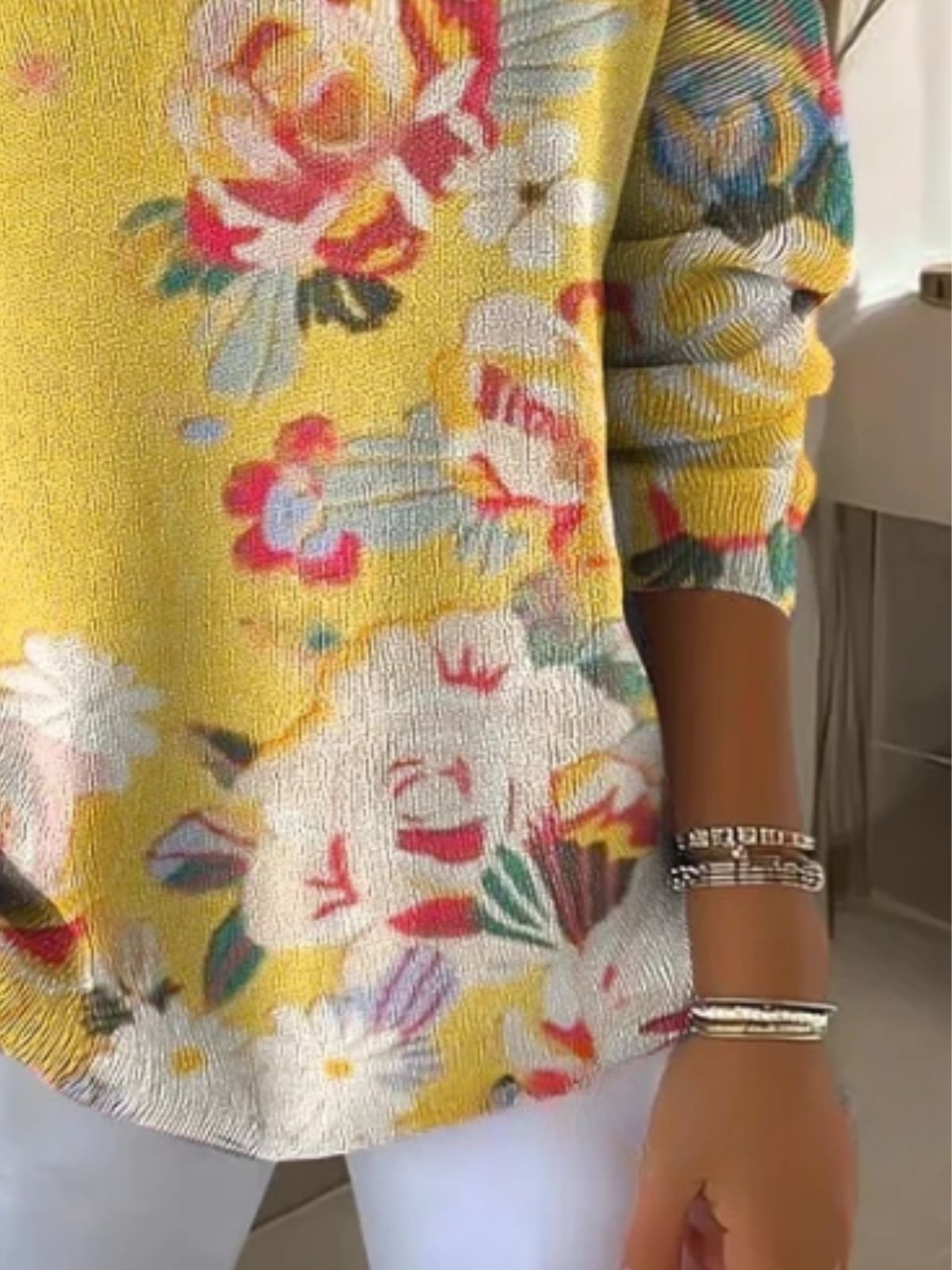 Damen Baumwolle Geblümt Langarm Bequem Lässig Pullover
