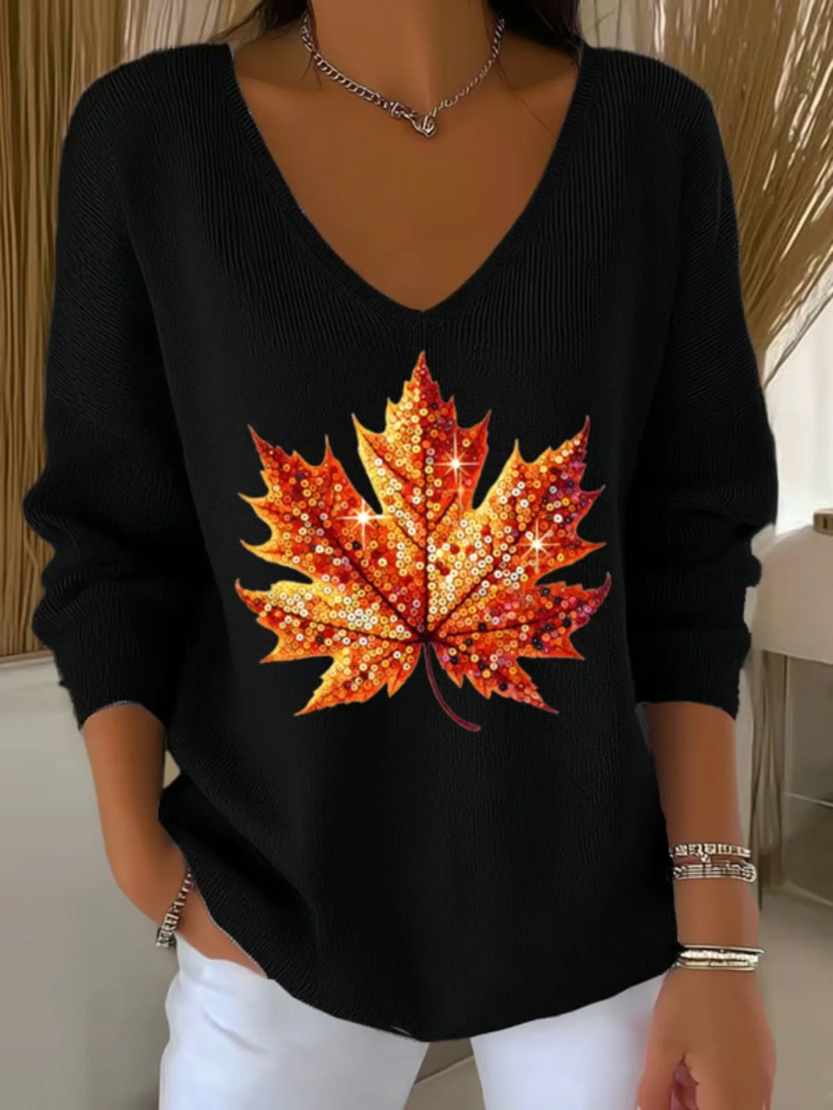 Damen Baumwolle Ahornblatt Langarm Bequem Lässig Pullover