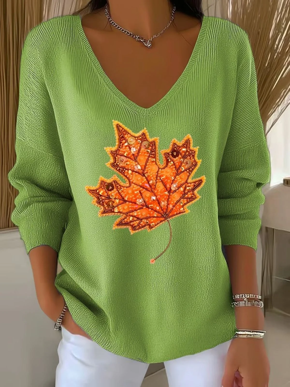 Damen Baumwolle Ahornblatt Langarm Bequem Lässig Pullover
