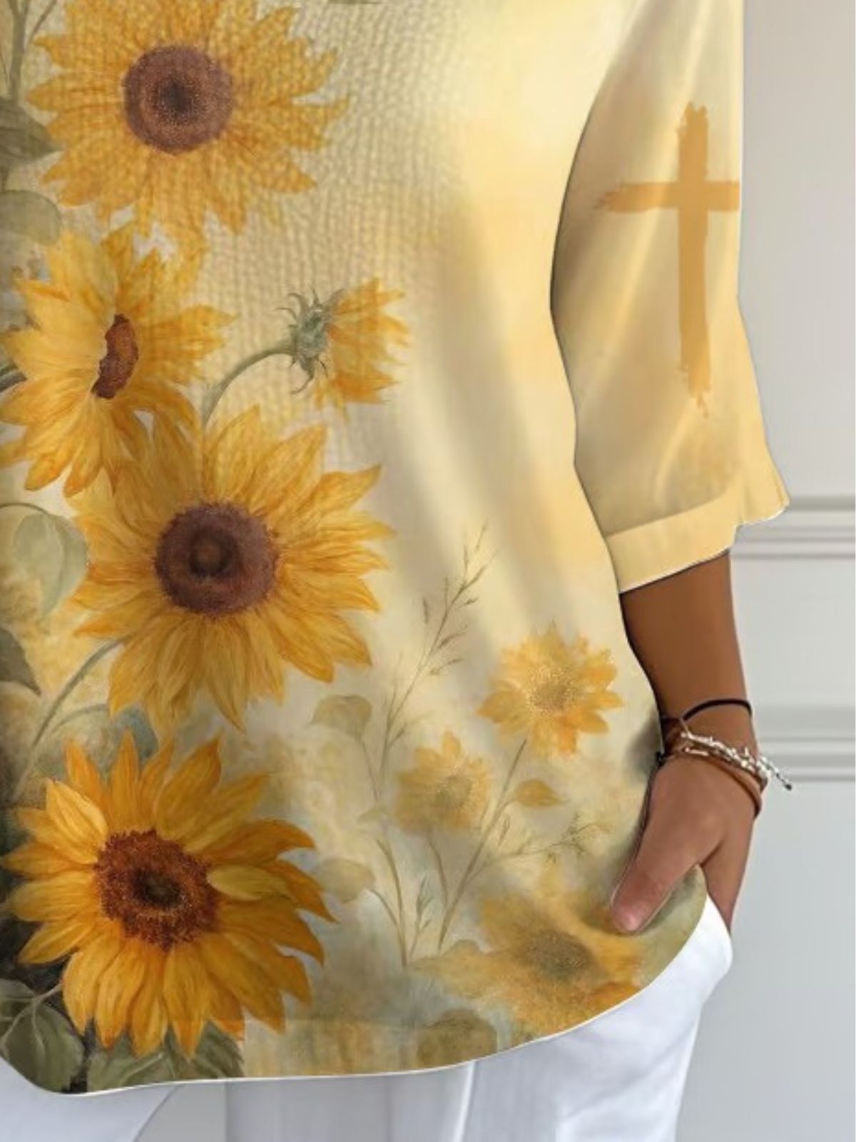 Retro Sonnenblume Rundhals Dreiviertelärmel T-Shirt