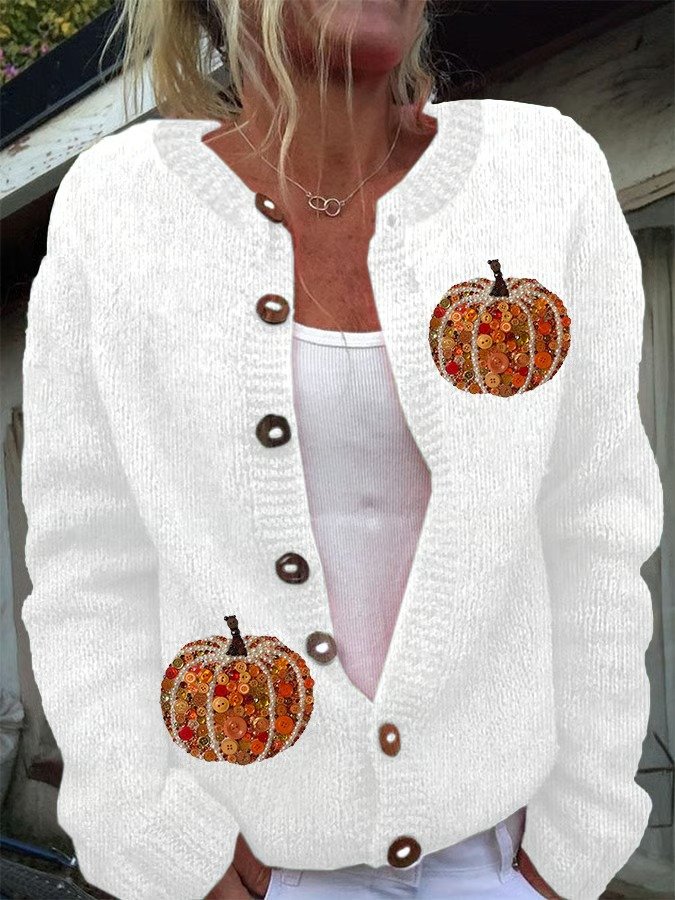 Damen Gestrickt Kürbismuster Langarm Bequem Retro Strickjacke