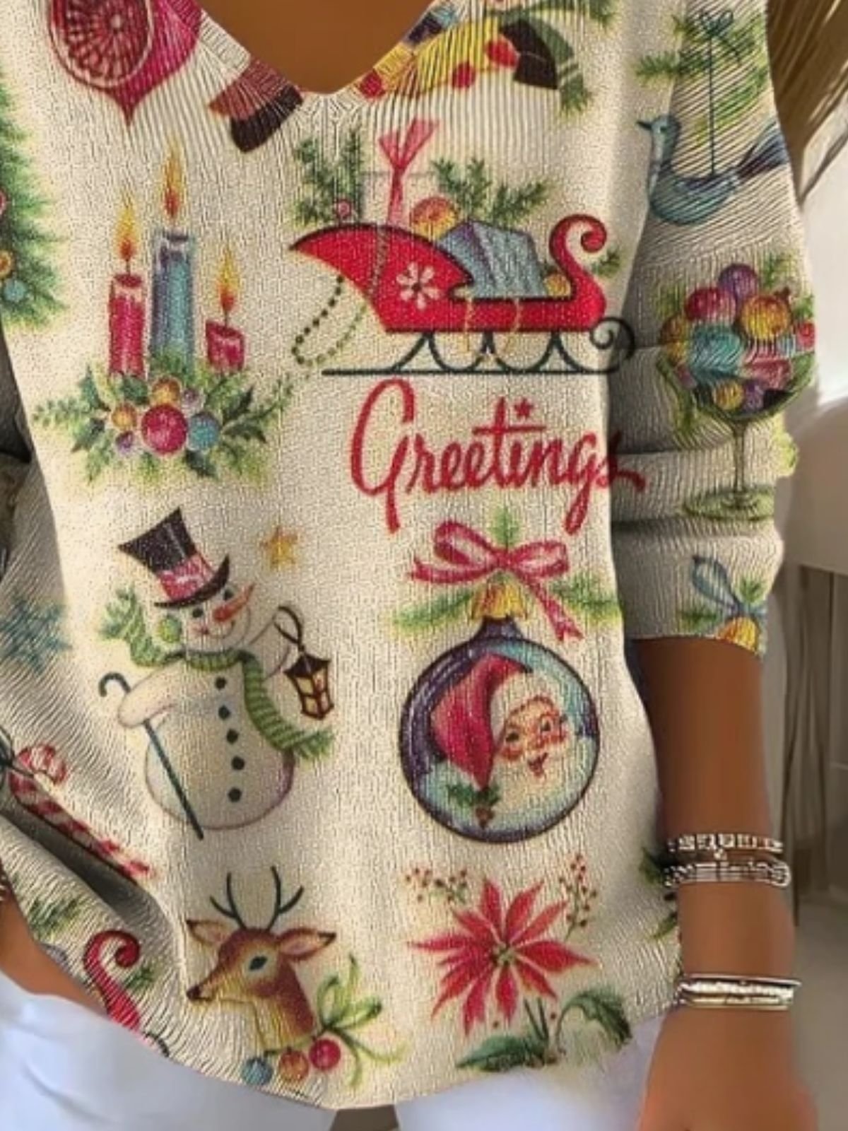 Damen Baumwolle Weihnachten Langarm Bequem Lässig Pullover