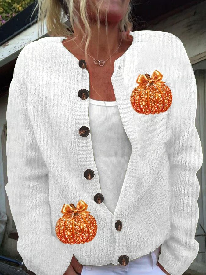 Damen Gestrickt Kürbismuster Langarm Bequem Retro Strickjacke