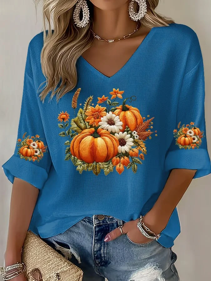 Retro Halloween (Kürbis) V-Ausschnitt Dreiviertelärmel T-Shirt