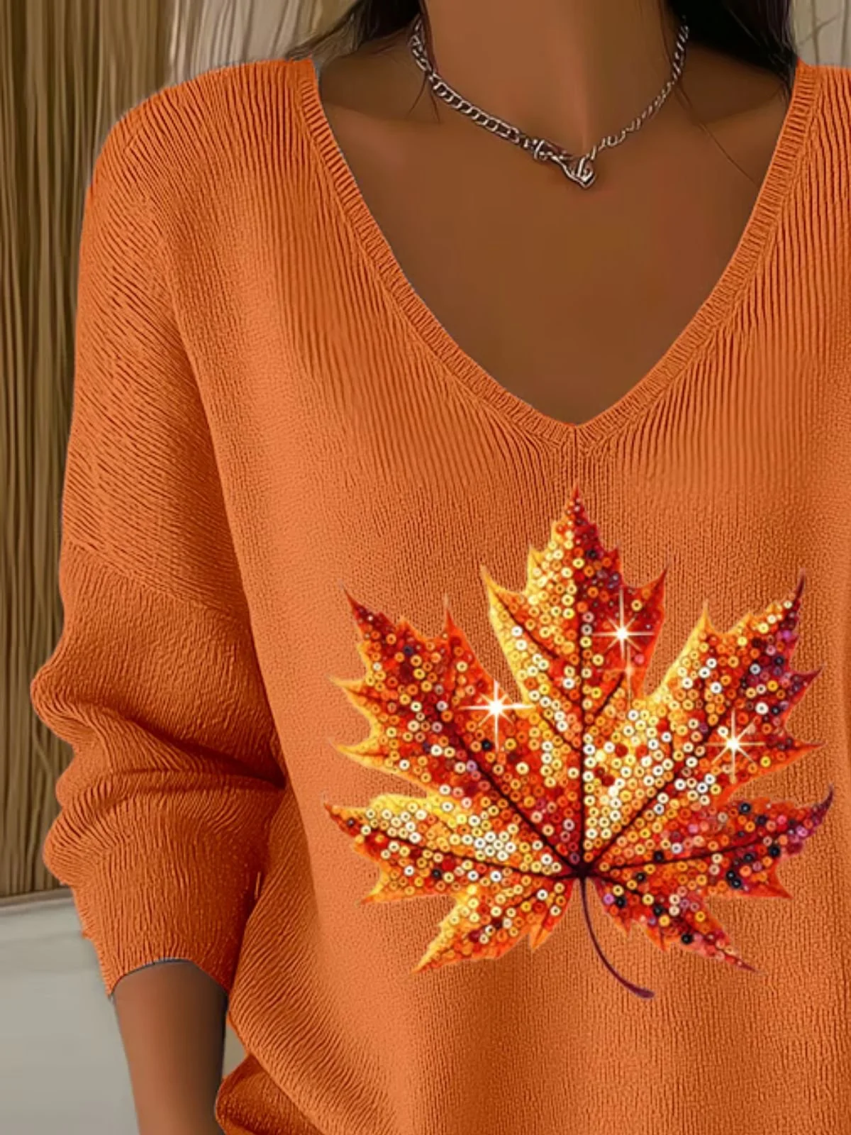 Damen Baumwolle Ahornblatt Langarm Bequem Lässig Pullover