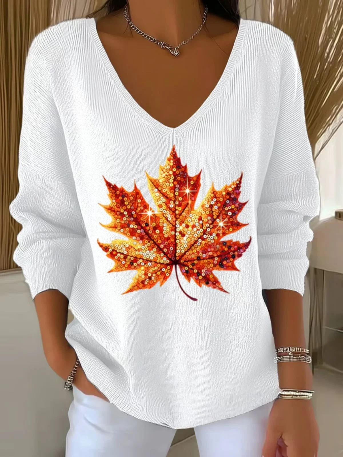 Damen Baumwolle Ahornblatt Langarm Bequem Lässig Pullover