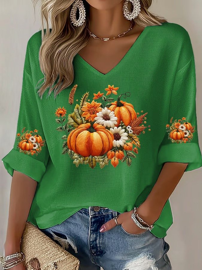 Retro Halloween (Kürbis) V-Ausschnitt Dreiviertelärmel T-Shirt