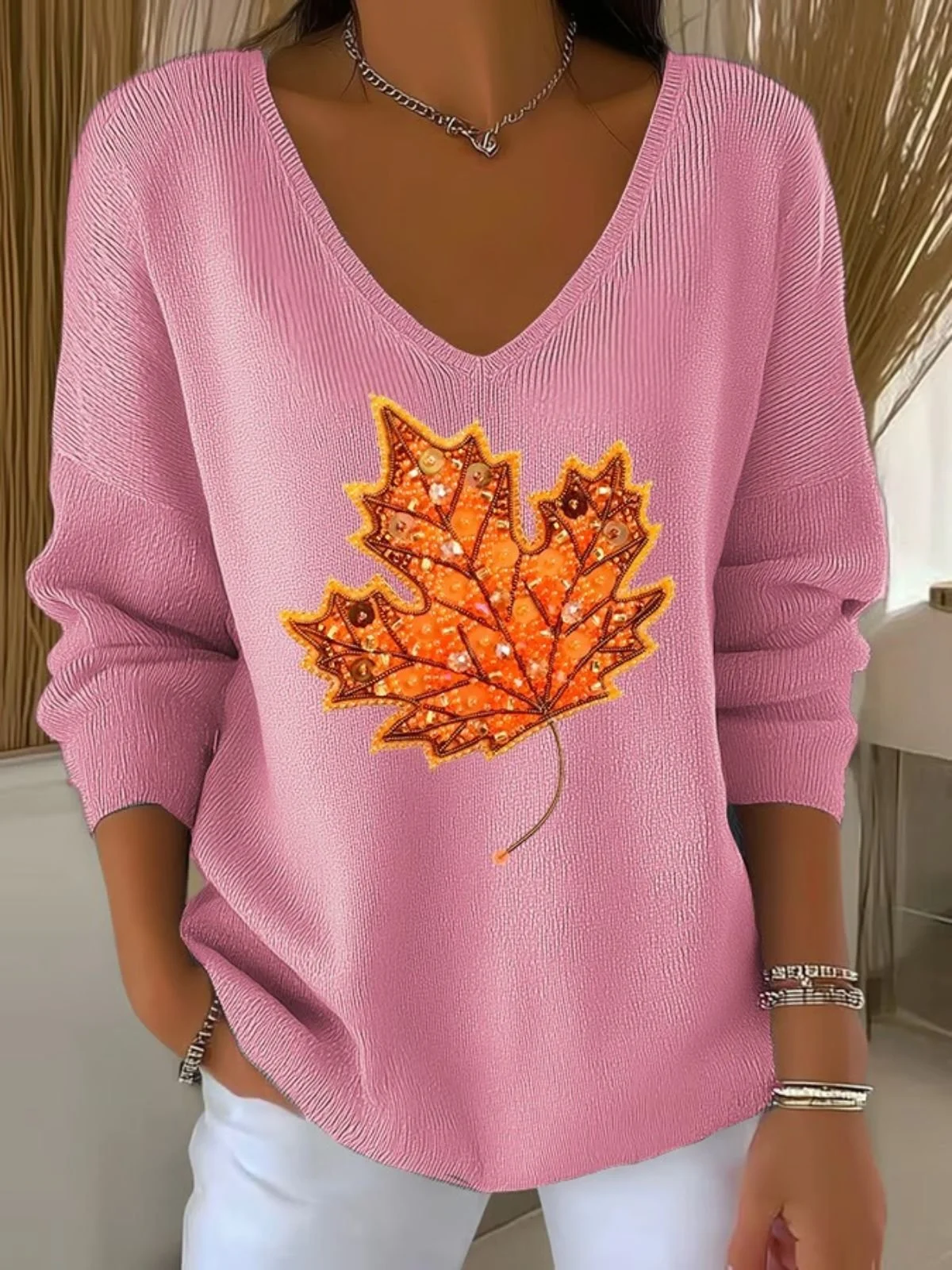 Damen Baumwolle Ahornblatt Langarm Bequem Lässig Pullover