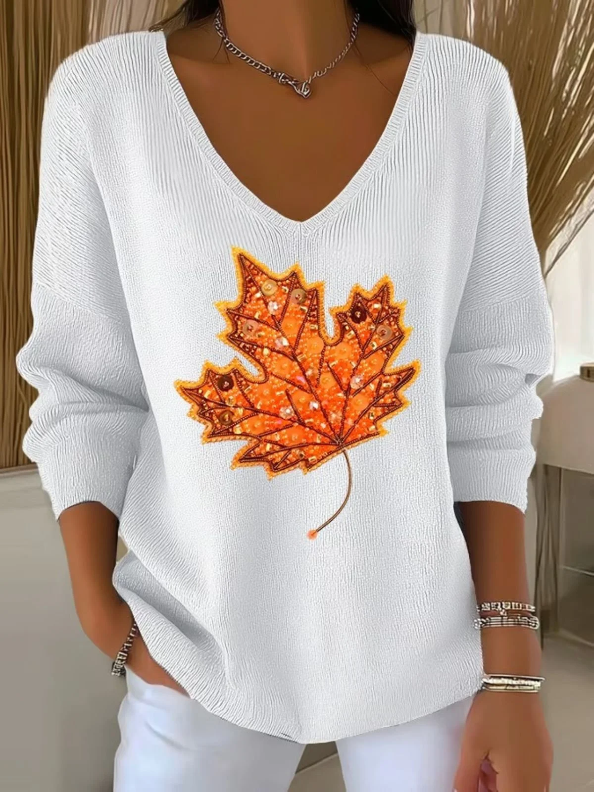 Damen Baumwolle Ahornblatt Langarm Bequem Lässig Pullover