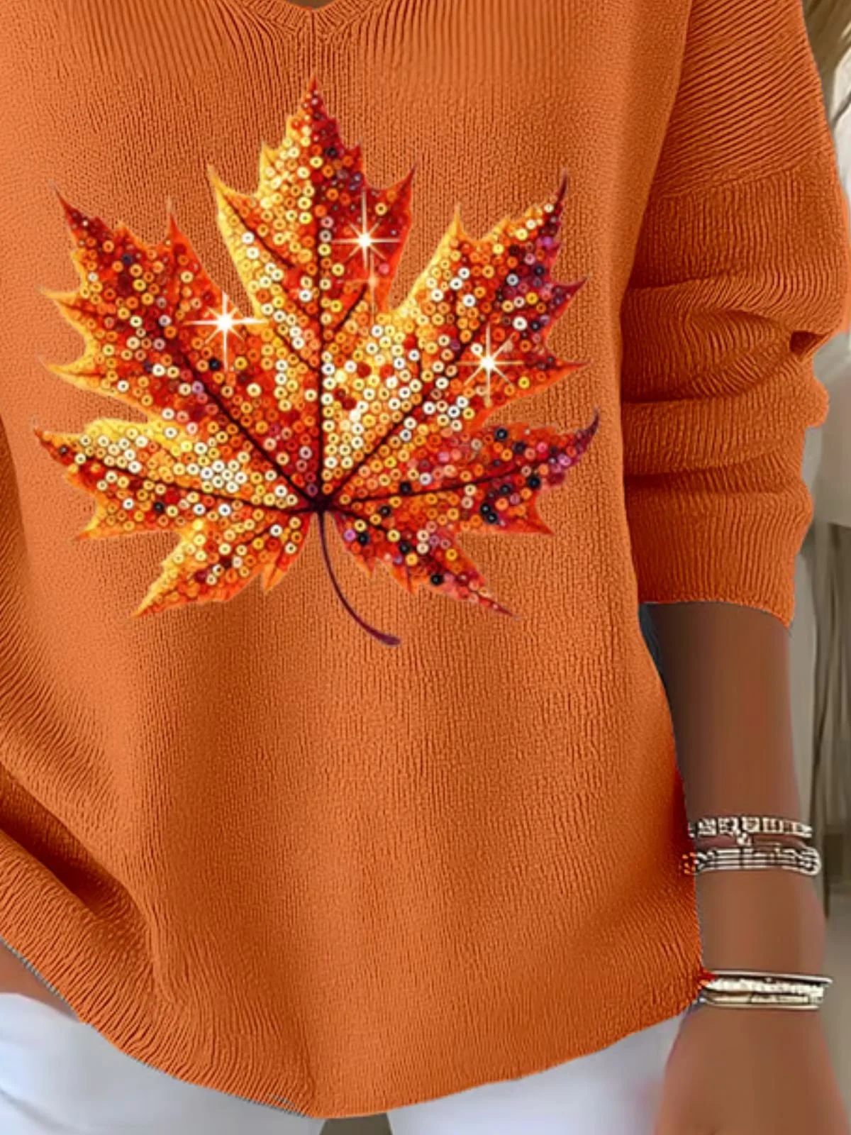 Damen Baumwolle Ahornblatt Langarm Bequem Lässig Pullover