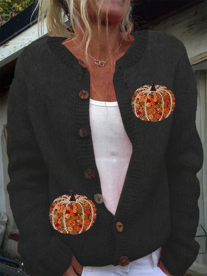 Damen Gestrickt Kürbismuster Langarm Bequem Retro Strickjacke
