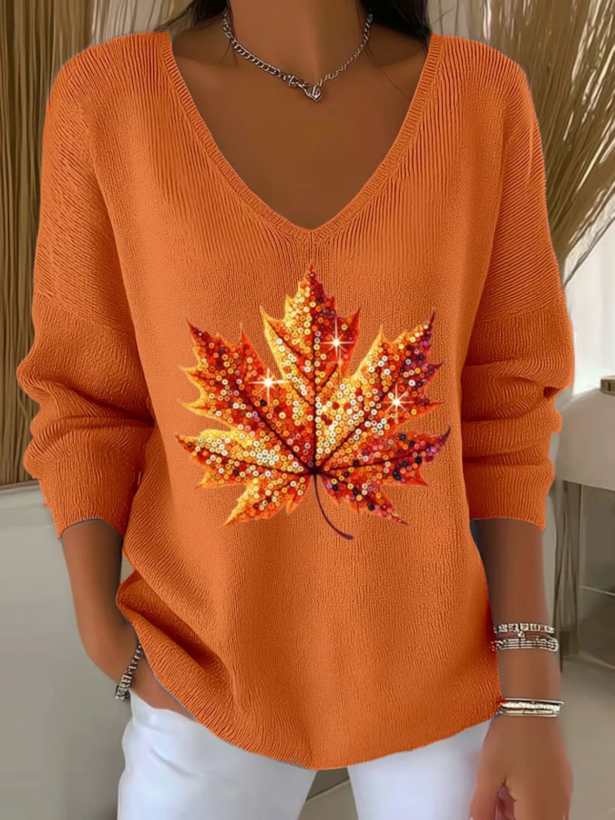 Damen Baumwolle Ahornblatt Langarm Bequem Lässig Pullover