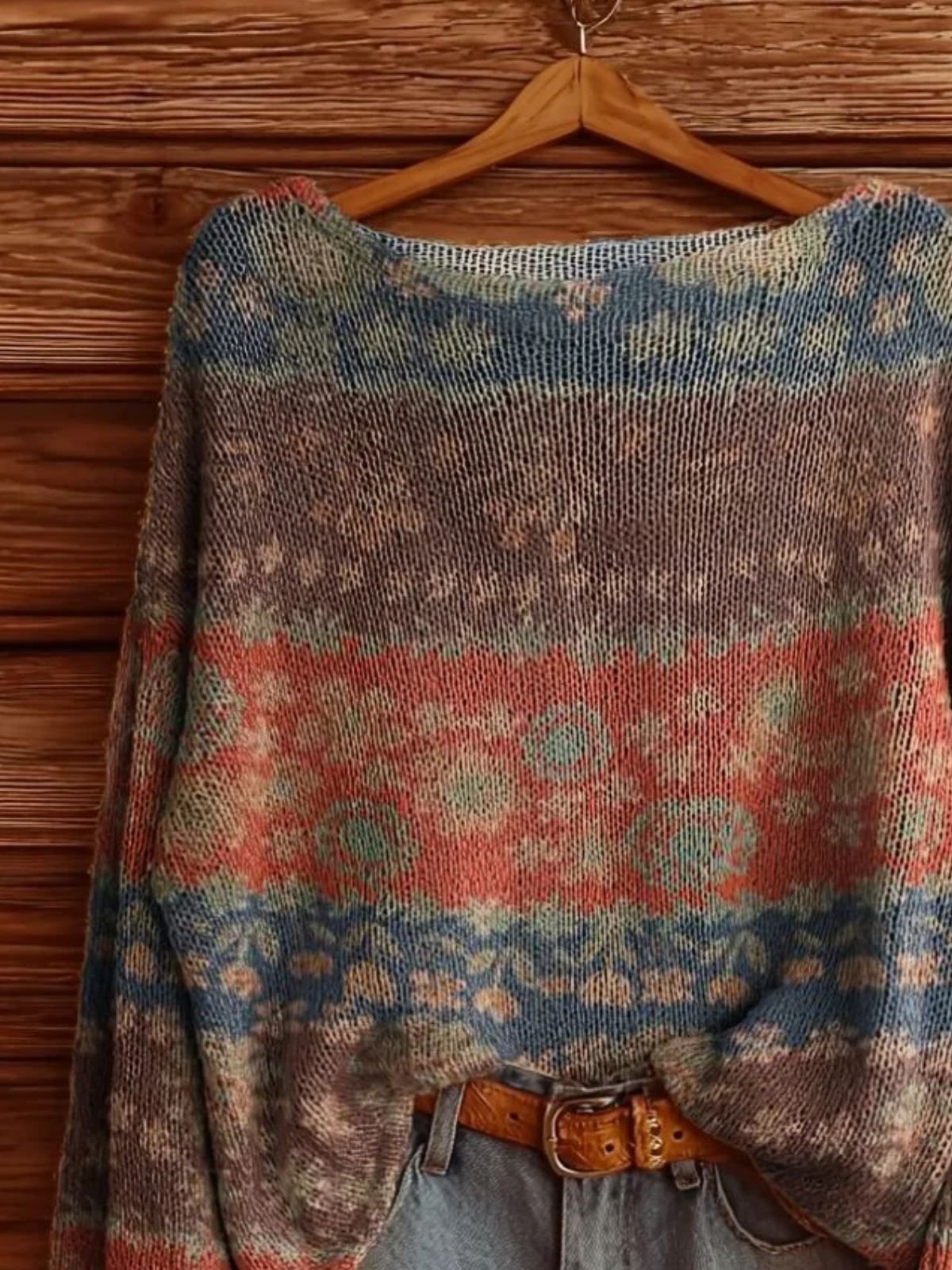 Damen Ethnisch Langarm Bequem Retro Pullover