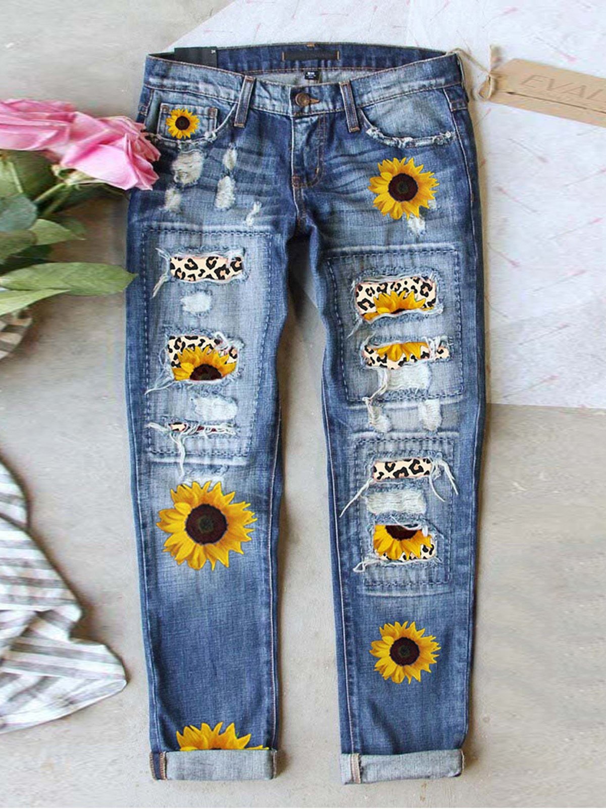 Straße Leopard Fashion schmal geschnitten Print Patchwork Zerrissen Jeans