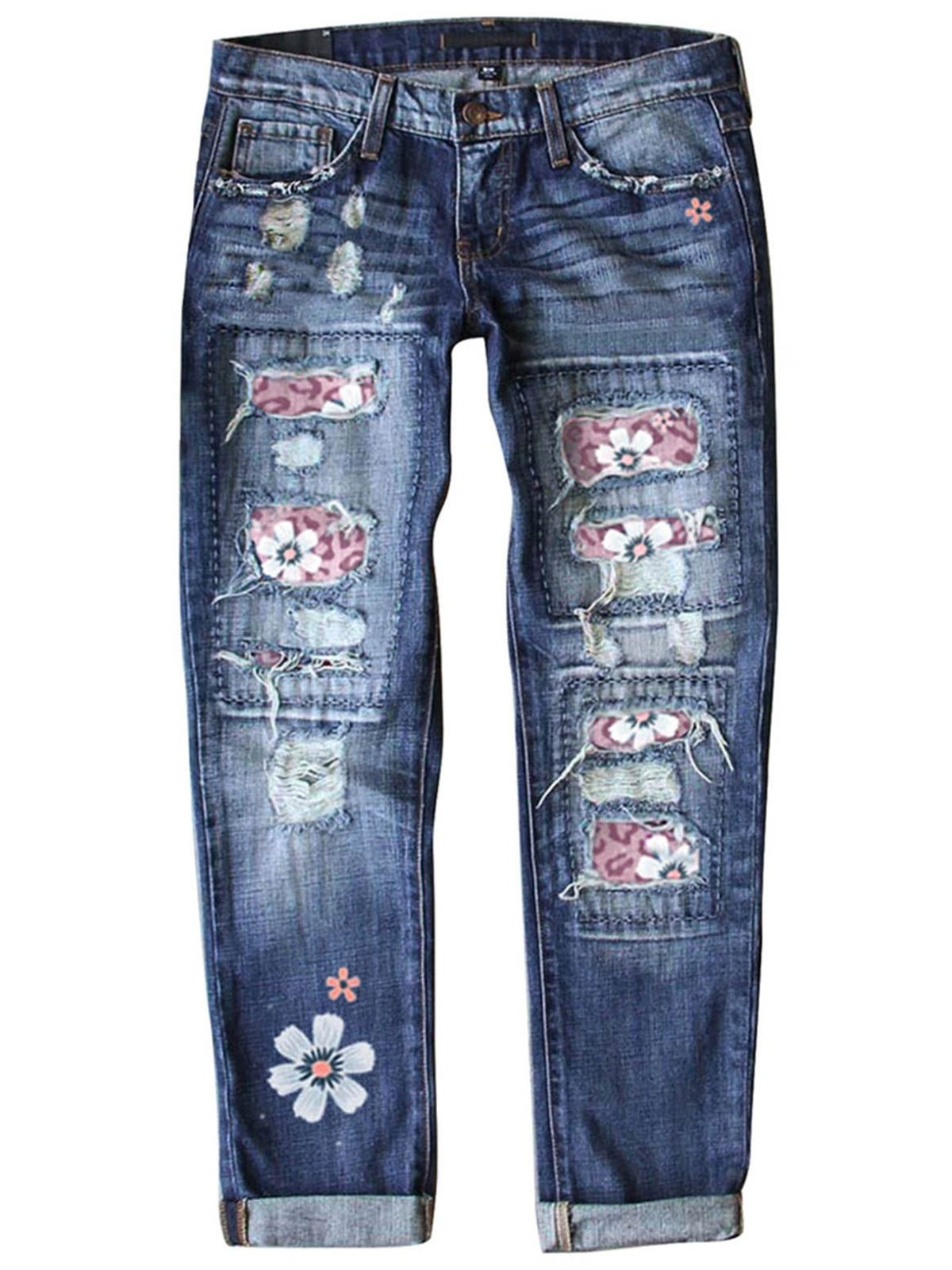 Straße Leopard Fashion schmal geschnitten Print Patchwork Zerrissen Jeans