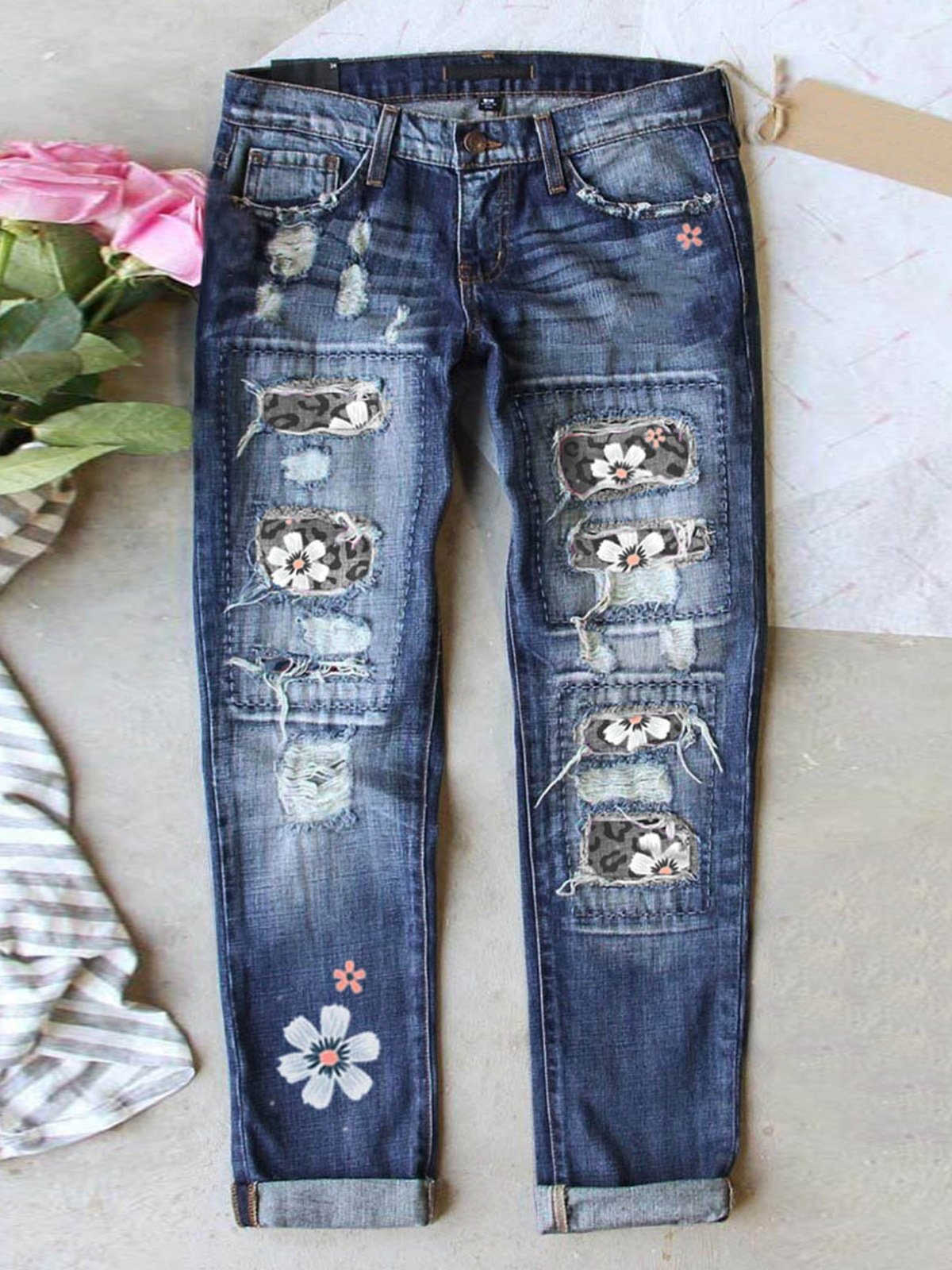 Straße Leopard Fashion schmal geschnitten Print Patchwork Zerrissen Jeans