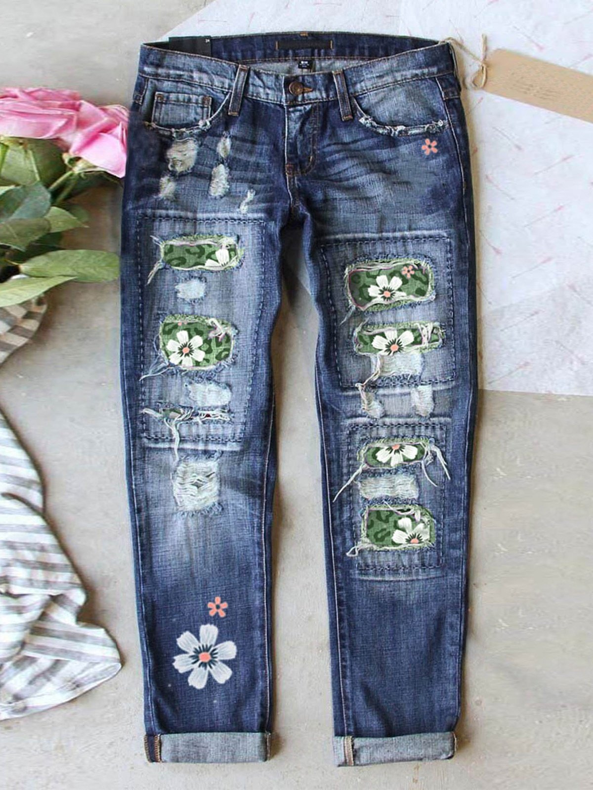 Straße Leopard Fashion schmal geschnitten Print Patchwork Zerrissen Jeans