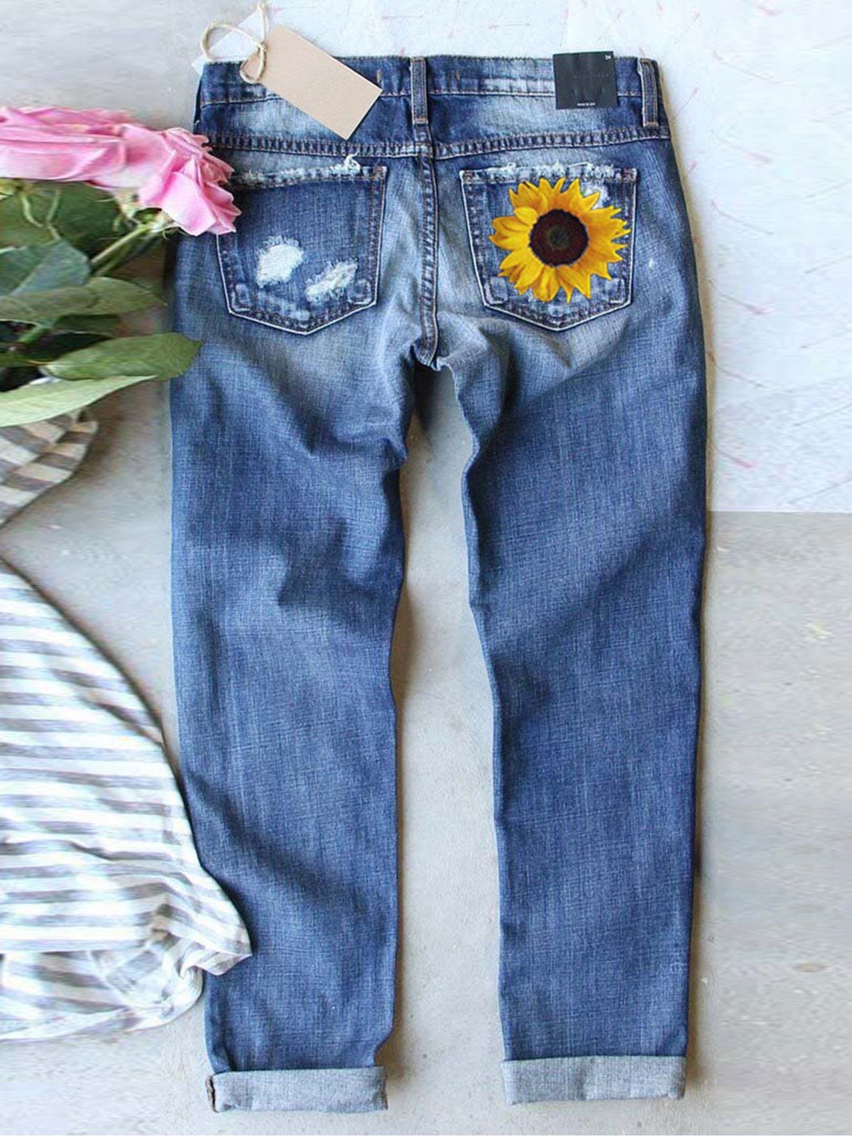 Straße Leopard Fashion schmal geschnitten Print Patchwork Zerrissen Jeans
