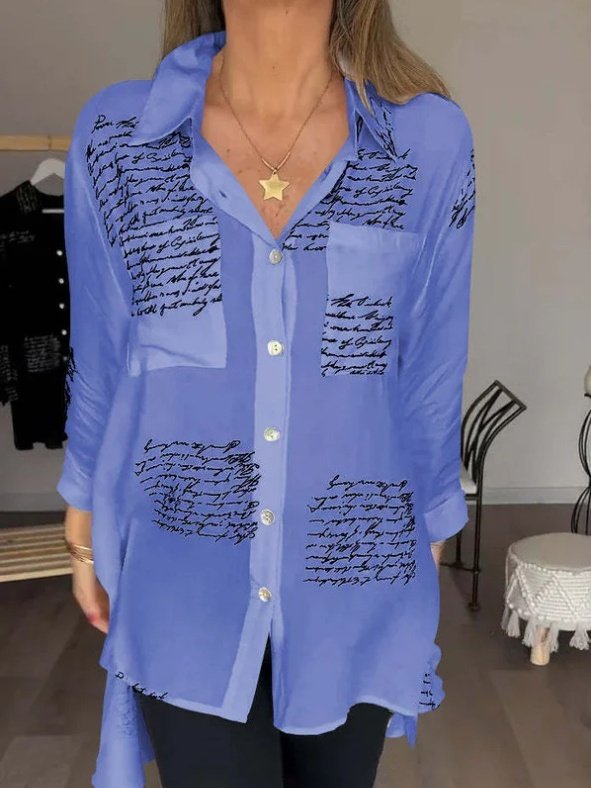 V-Ausschnitt Langarm Geometrisch Print Regelmäßig Mikroelastizität Weit Knopfhemd Bluse für Damen