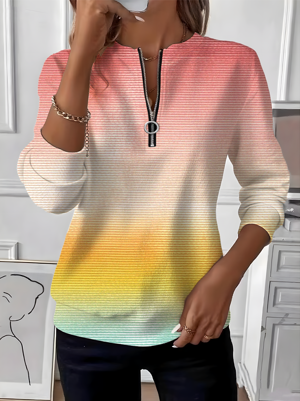 Retro Rundhals Farbverlauf Sweatshirt