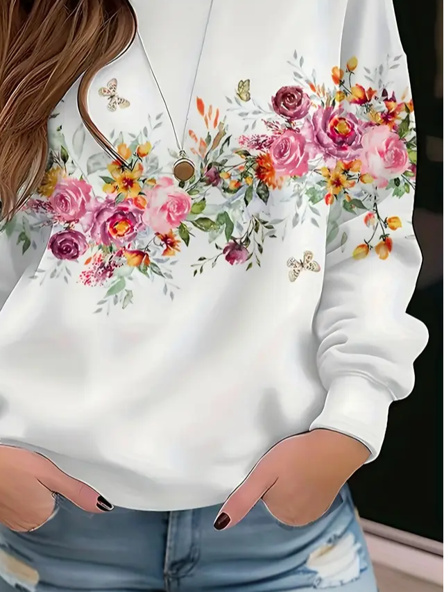 Lässig Rundhals Geblümt Sweatshirt Print