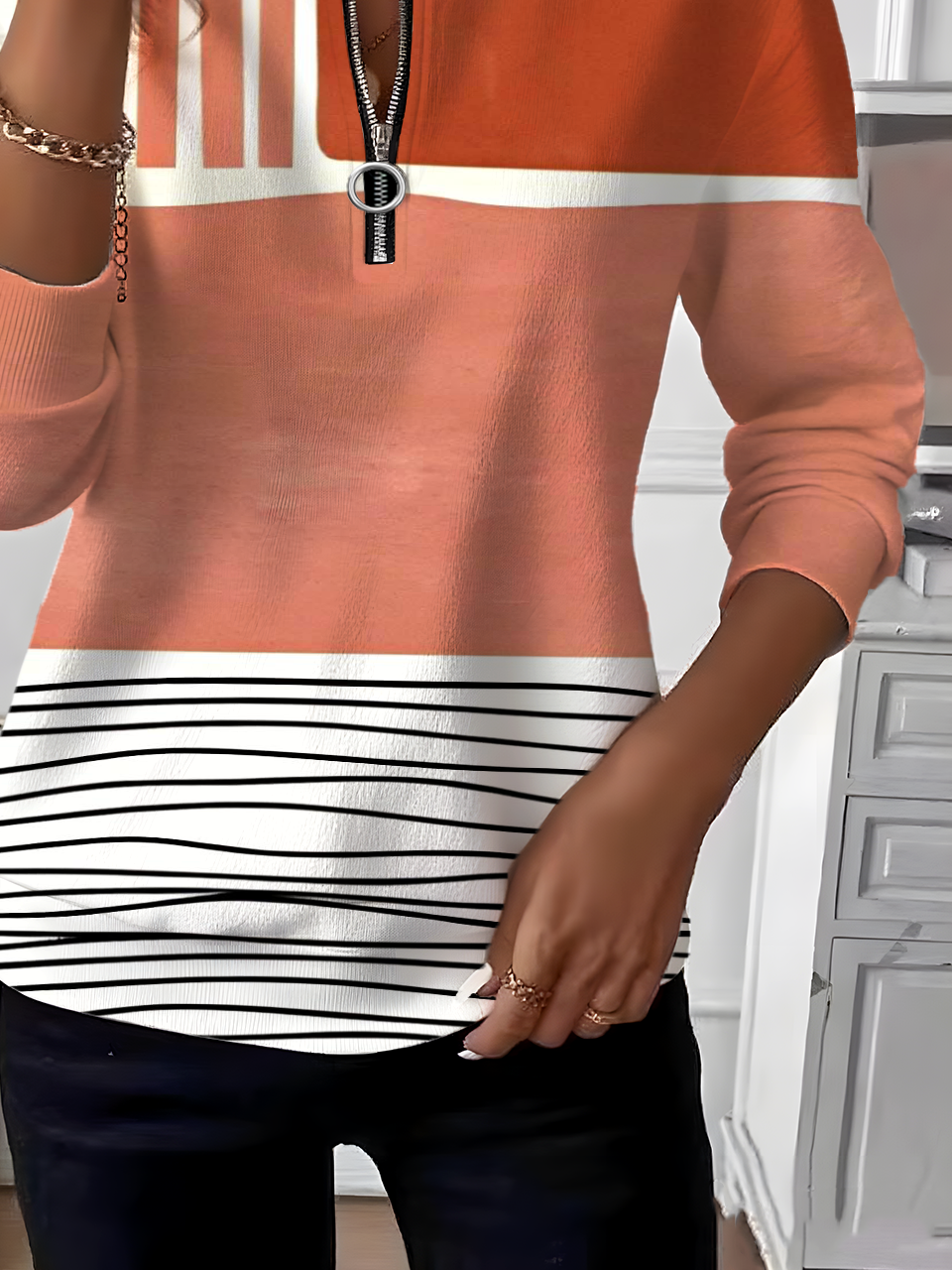 Retro Rundhals Gestreift Sweatshirt