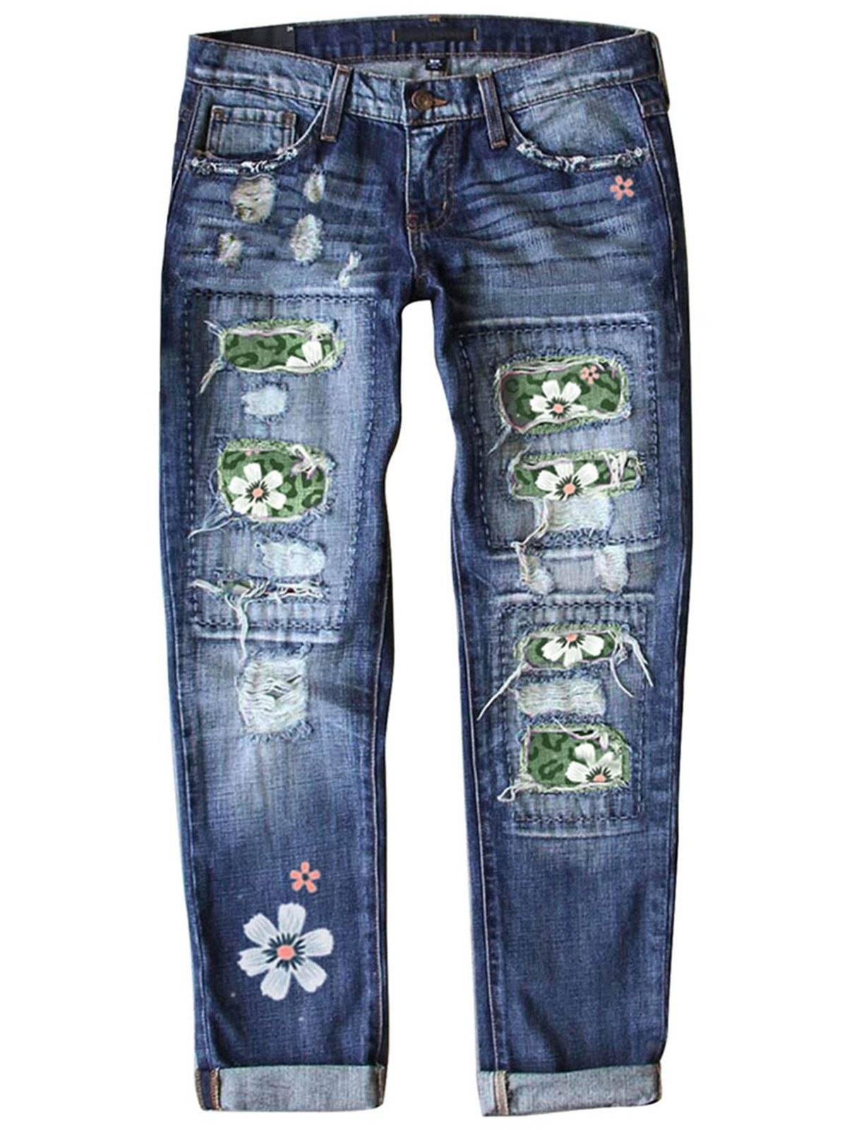 Straße Leopard Fashion schmal geschnitten Print Patchwork Zerrissen Jeans