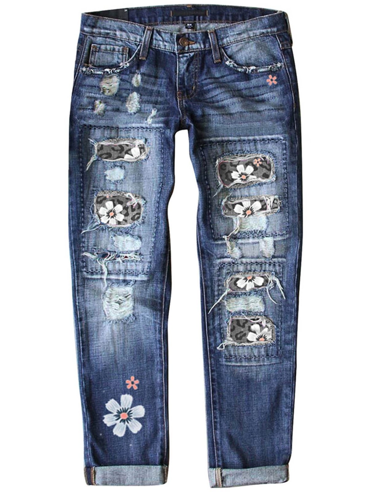 Straße Leopard Fashion schmal geschnitten Print Patchwork Zerrissen Jeans