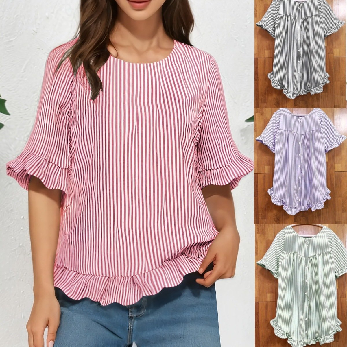Rundhals Kurzarm Gestreift Regelmäßig Mikroelastizität Regelmäßige Passform Bluse für Damen