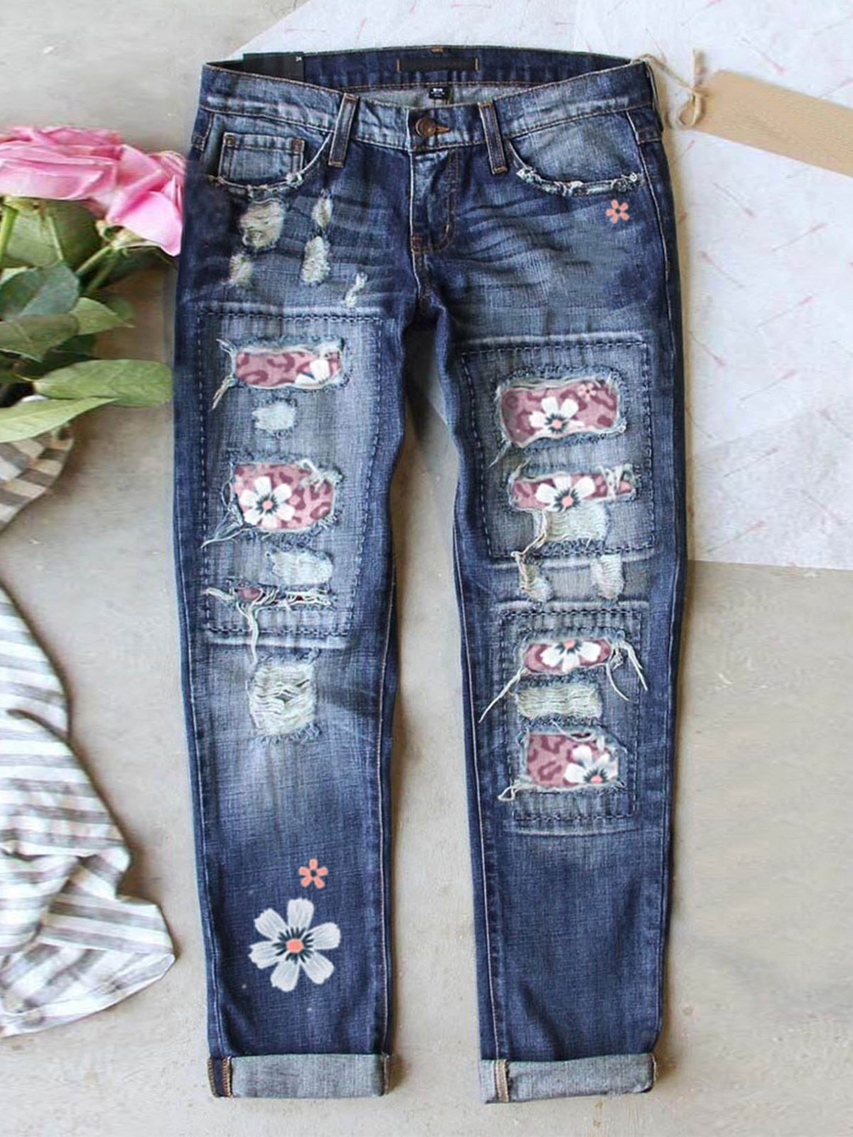 Straße Leopard Fashion schmal geschnitten Print Patchwork Zerrissen Jeans