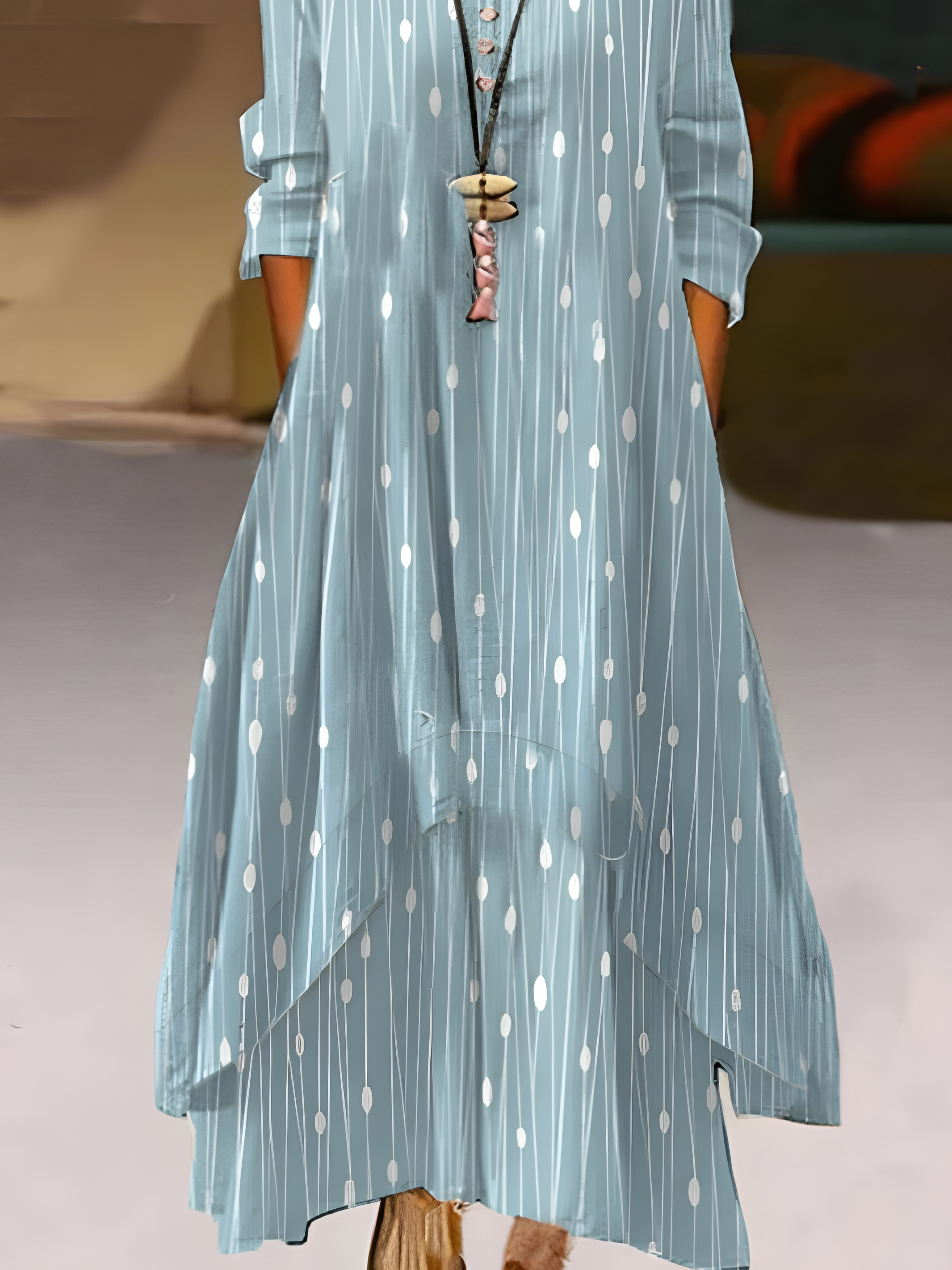 Damen Gestreift Sommer Kleid Rundhals Langarm Blusenkleid A-Linien-Kleid