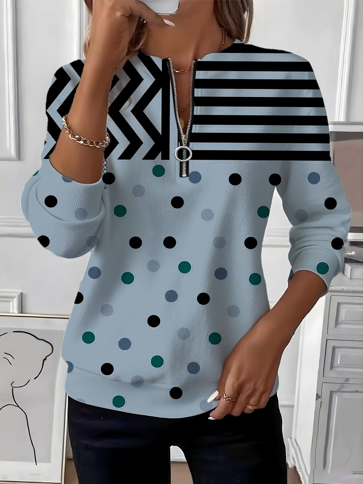 Retro Rundhals Gestreift Sweatshirt