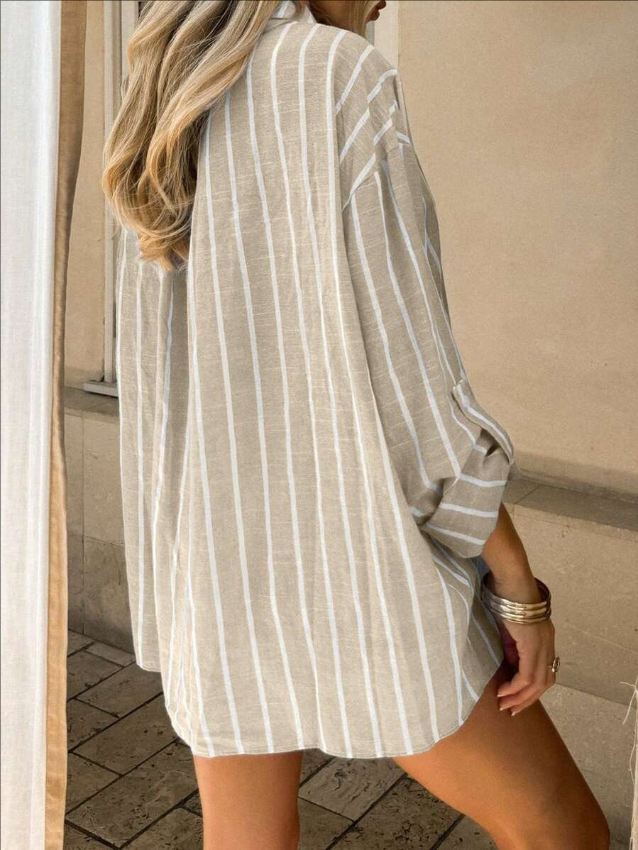 Hemdkragen Langarm Gestreift Regelmäßig Mikroelastizität Regelmäßige Passform Bluse für Damen