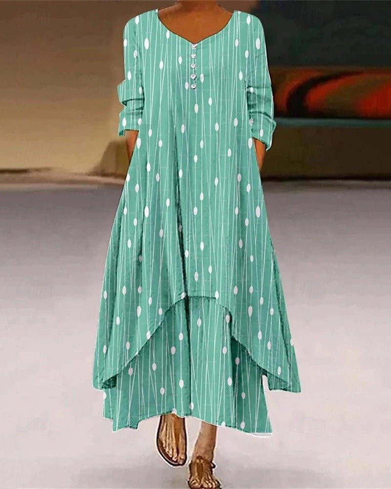 Damen Gestreift Sommer Kleid Rundhals Langarm Blusenkleid A-Linien-Kleid