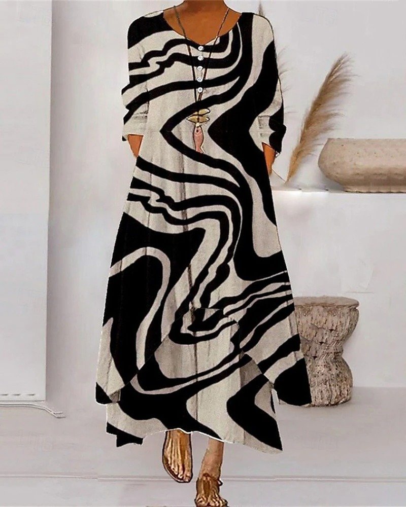 Damen Gestreift Sommer Kleid Rundhals Langarm Blusenkleid A-Linien-Kleid