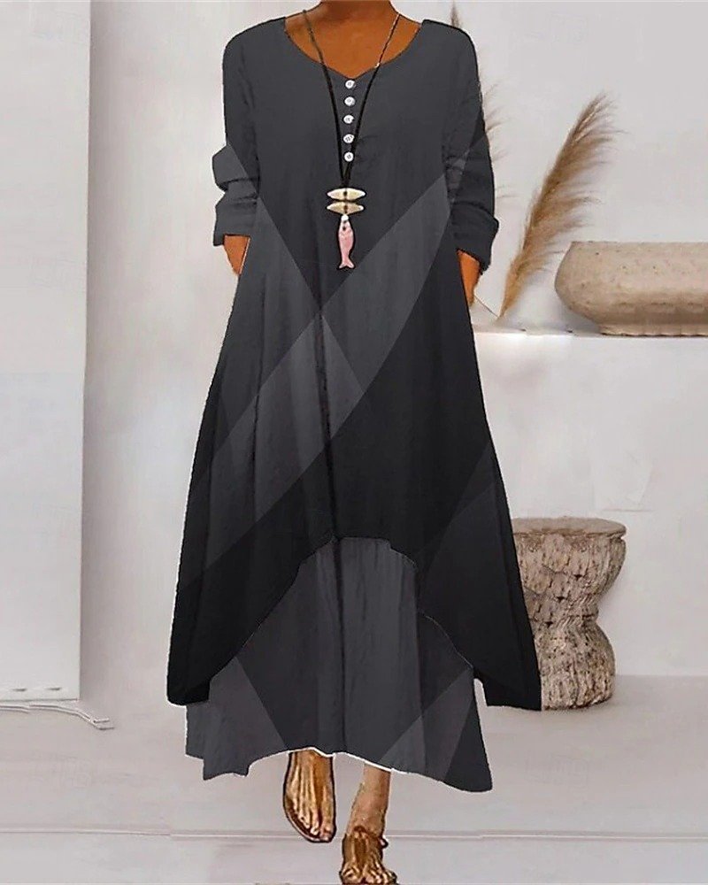 Damen Gestreift Sommer Kleid Rundhals Langarm Blusenkleid A-Linien-Kleid