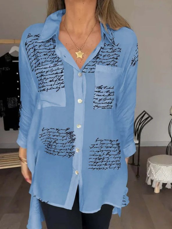 V-Ausschnitt Langarm Geometrisch Print Regelmäßig Mikroelastizität Weit Knopfhemd Bluse für Damen